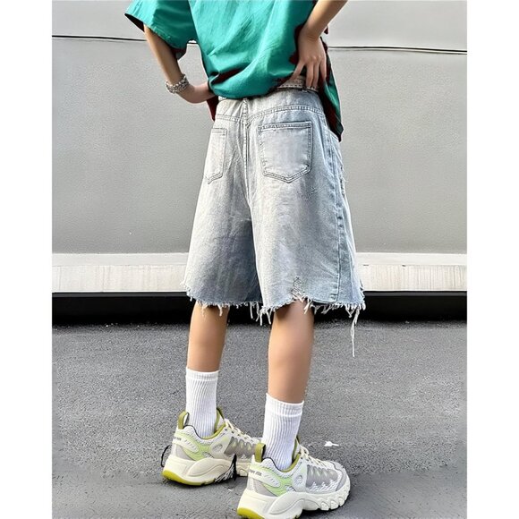 Unisex Denim Jorts Baggy Ripped Rhinestone Mid-Low Bermuda Streetwear - Picture 4 of 6